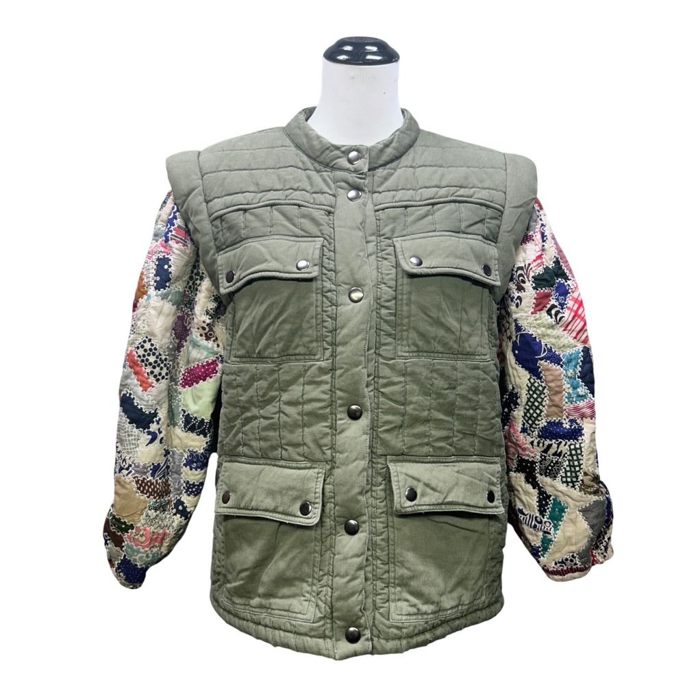 Sea NY Jacket Women M Green Harlow Quilted Patchwork Puff Sleeve Utility Cargo